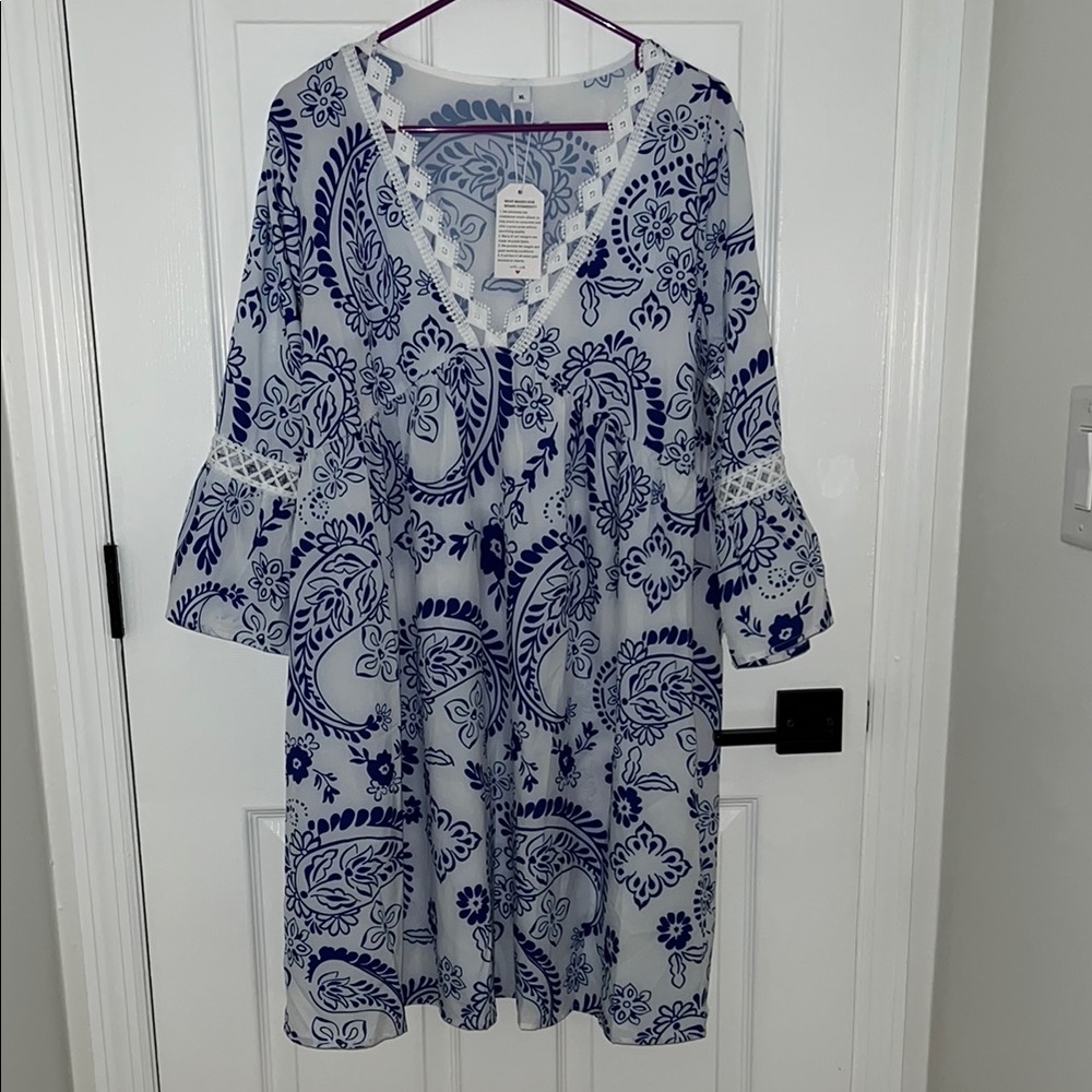 Elegant Blue and White Floral Dress